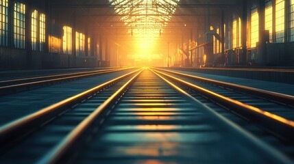 Sunset Train Tracks Industrial Warehouse