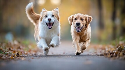 Happy dogs running autumn path, blurred background, pet advertisement