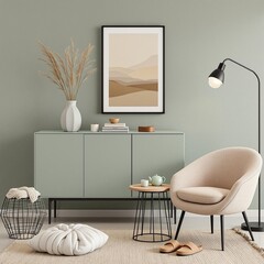 Stylish living room interior design with mock up poster frame
