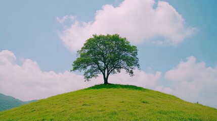Lone tree hilltop, idyllic landscape, peaceful sky, nature background, poster design
