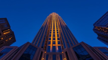 Majestic skyscraper illuminated at dusk, showcasing architectural beauty against a twilight sky