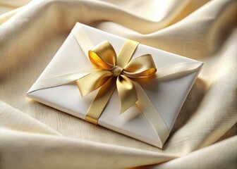 Luxurious wedding invitation: elegant white envelope, golden ribbon, pristine product shot.