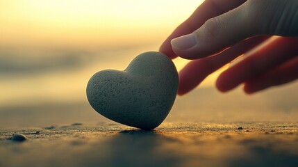 Fototapeta premium Hand touches stone heart sunset beach romance
