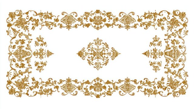Golden floral rectangle border design, isolated, white background, textile print