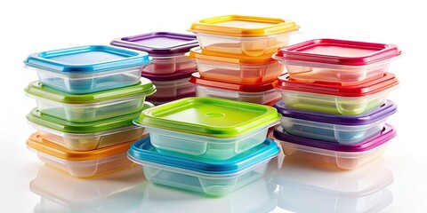 Miniature city of organized plastic food lids, a playful tilt-shift perspective against a stark white backdrop.