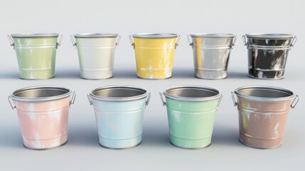 Colorful metal buckets studio shot, various paint finishes, white background, home decor