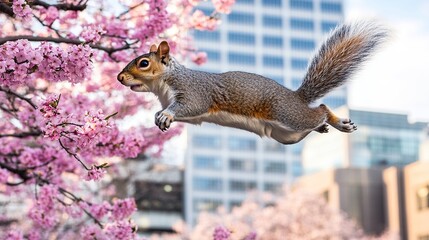 Obraz premium Squirrel leaps cherry blossoms, city backdrop, spring