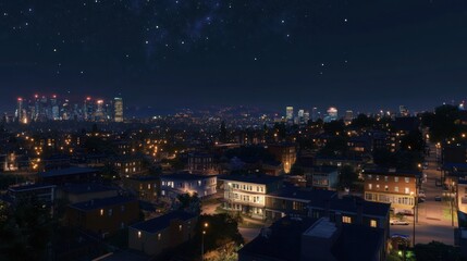 Naklejka premium Night city skyline view, residential area, starry sky, urban planning