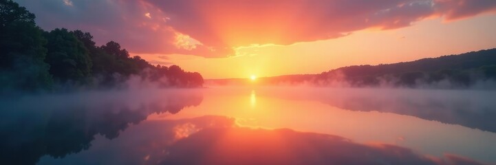 Softly glowing sunrise over misty lake waters, tranquility, nature, golden hour