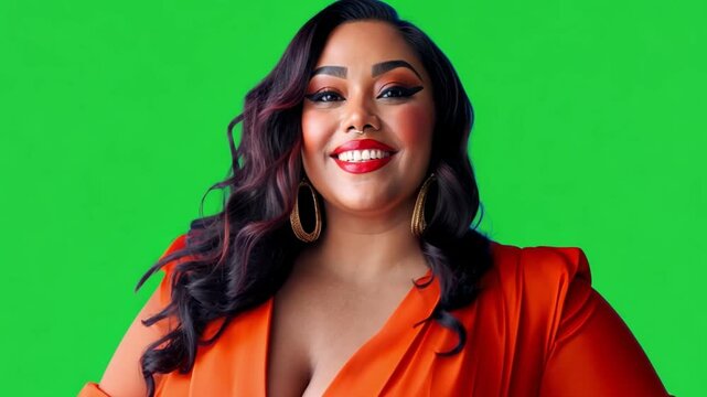 Radiant Confidence: A stunning plus-size woman with long dark hair and a vibrant orange blazer radiates confidence and beauty in this portrait.