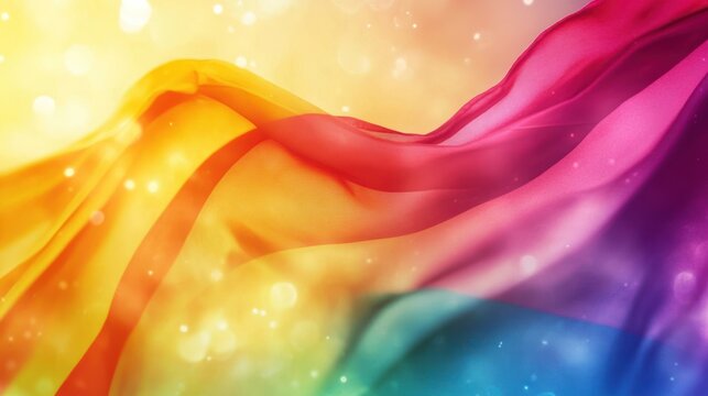 Rainbow fabric flows, bokeh background, celebratory design