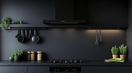 Modern black kitchen interior design, minimalist cooking space, herbs, sleek appliances
