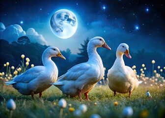 Obraz premium Night's embrace: close-up of white ducks in a meadow, serene wildlife photography.