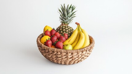 Rattan bowl of tropical fruit on white background