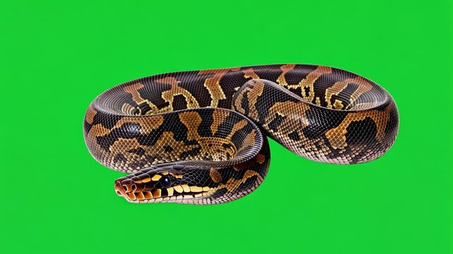 Python in a Coil: A mesmerizing close-up of a striking reticulated python, showcasing its intricate scales and captivating presence. Its body curls gracefully, creating a visually stunning.