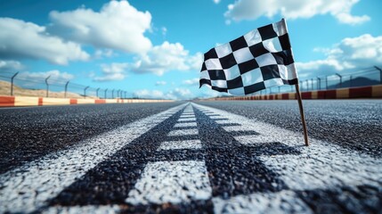 Race to the Finish Line:  A checkered flag stands proudly on a racetrack, signifying the end of a thrilling race and the ultimate test of speed and skill.