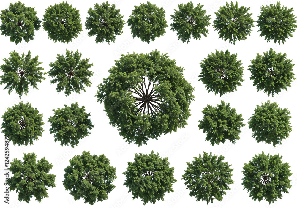 Poster set of trees from above for digital composition isolated on white background . generative ai