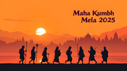 Fototapeta premium Illustration of silhouette of devotees walking to Mahakumbh 2025 religious gathering on sunset sky background, Kumbh Mela Prayagraj Uttarpradesh.