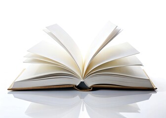 Fototapeta premium Pristine white book, open pages, isolated on white background; clean architectural photography style mockup.