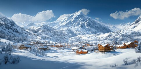 Snowy Mountain Village Winter Landscape Scene