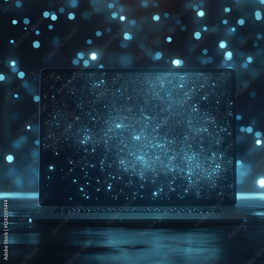 Poster laptop displaying glowing digital network on dark surface with blurry light bokeh, for tech/data con
