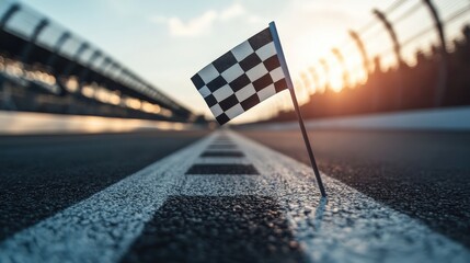 Checkered Flag Finish Line: A dramatic low-angle shot of a checkered flag planted at the finish line of a race track, with the setting sun casting a warm glow in the background.