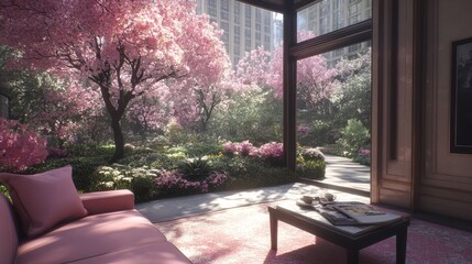 Obraz premium Serene Spring Garden View from Luxurious Apartment