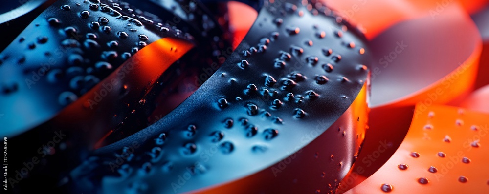 Aufkleber intricate patterns created by water droplets on a metallic surface, reflecting red and blue light