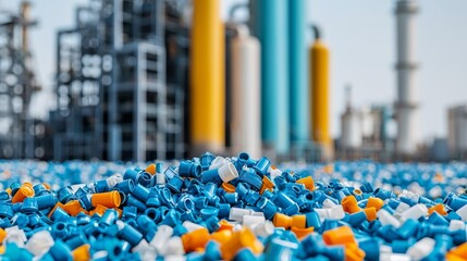A vibrant mix of colorful plastic pellets scattered on the ground, with industrial structures in the background, highlighting a manufacturing environment.