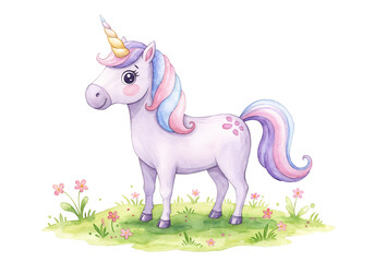 Fototapeta premium Whimsical Watercolour Illustration of a Happy Unicorn in Muted Tones, Perfect for Children's Book or Nursery Decor. Generative AI