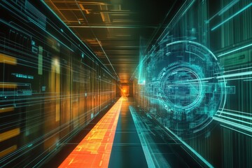 Obraz premium A futuristic corridor filled with glowing digital patterns and lines, evoking a high-tech, cybernetic environment.