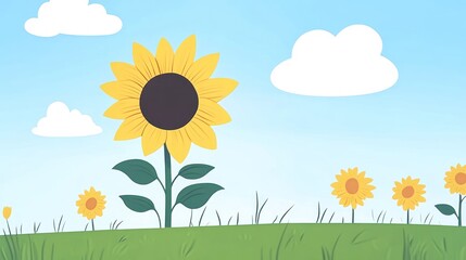Sunny field, large sunflower blooms, cheerful sky, idyllic scene, kids' book illustration