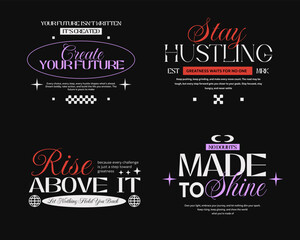 Minimalist typography set, for poster, t-shirt design. Vintage typography quotes vector set. Y2k typographic bundle for clothing design, Urban streetwear lettering for t shirt 