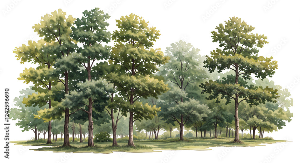 Poster watercolor tree or forest side view isolated on white background for landscape and architecture draw