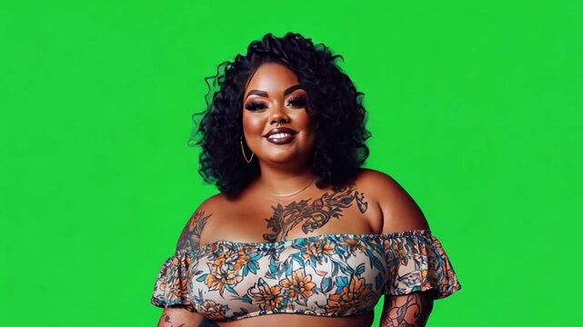 Confident Plus-Size Model: A radiant plus-size model with beautiful dark curly hair and intricate tattoos smiles confidently against a vibrant green screen.