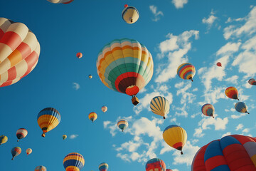 Obraz premium Close up of a group of hot air colorful balloons floating against the sky.