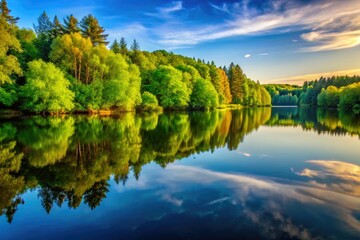 Fototapeta premium Serene lake mirrors tranquil trees, nature's peaceful reflection captured.