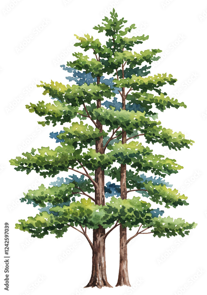 Aufkleber watercolor tree or forest side view isolated on white background for landscape and architecture draw