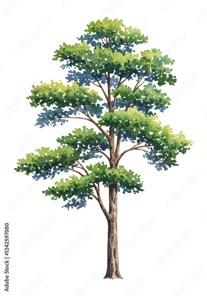 Aufkleber watercolor tree or forest side view isolated on white background for landscape and architecture draw