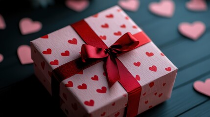 A Romantic Gift: Pink Box with Red Ribbon and Hearts