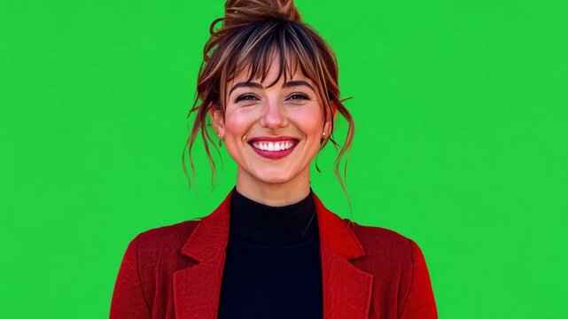 Smiling Woman Green Screen: A young woman with a radiant smile and stylish bun hairstyle, wearing a red blazer and black turtleneck, poses against a vibrant green screen.