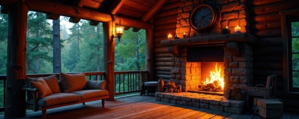 Wooden cabin with a roaring fire in the hearth, warm, forest