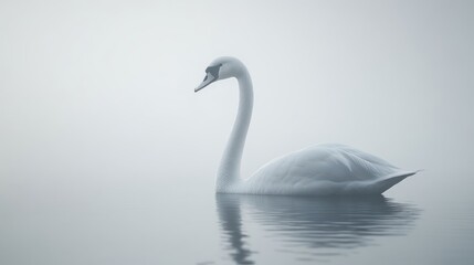 Fototapeta premium Serene swan swimming misty lake, calm water, peaceful background; ideal for serenity themes