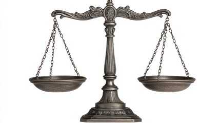 Ornate scales of justice on white background; legal concept