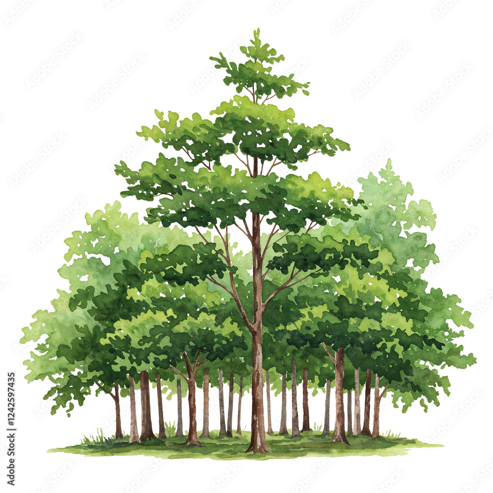 Poster watercolor tree or forest side view isolated on white background for landscape and architecture draw