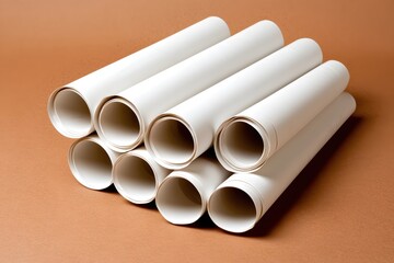 Fototapeta premium Rolled White Paper Sheets Stacked on Brown Background Clean Minimalist Design