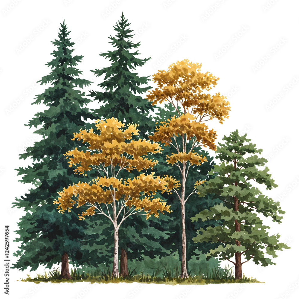 Poster watercolor tree or forest side view isolated on white background for landscape and architecture draw