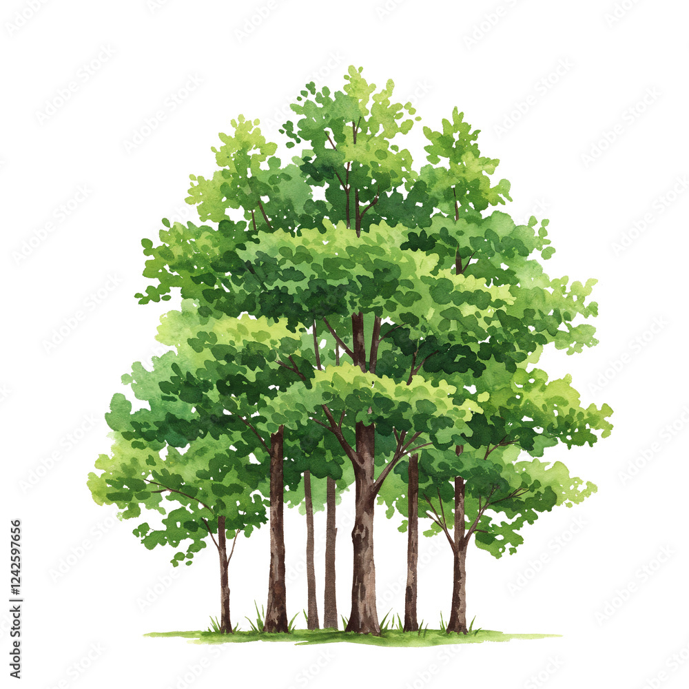 Aufkleber watercolor tree or forest side view isolated on white background for landscape and architecture draw