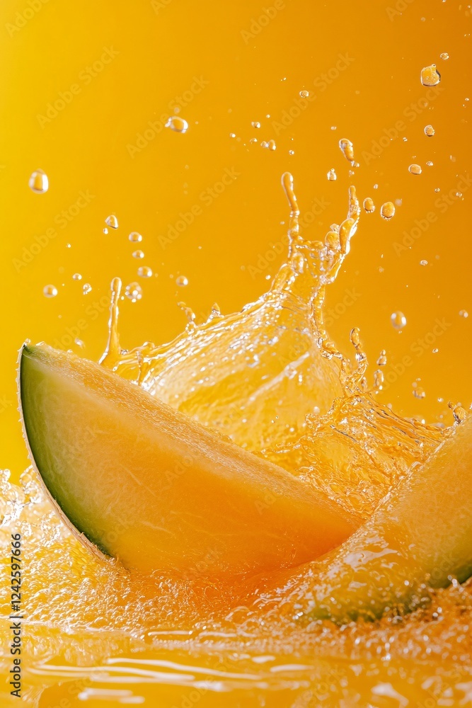 Aufkleber refreshing splash: melon slice falling into orange juice on a bright orange background