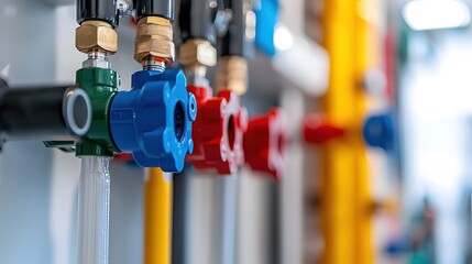 Colorful Industrial Plumbing System Closeup Detail Pipes Valves Technology